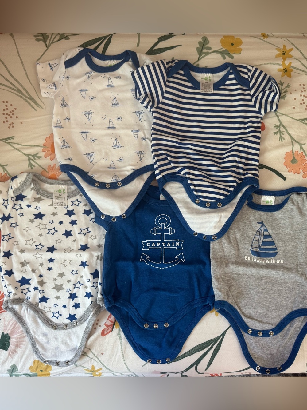 Nautical Blue & Gray Baby One-Piece Bodysuit Set - 5 Pack
